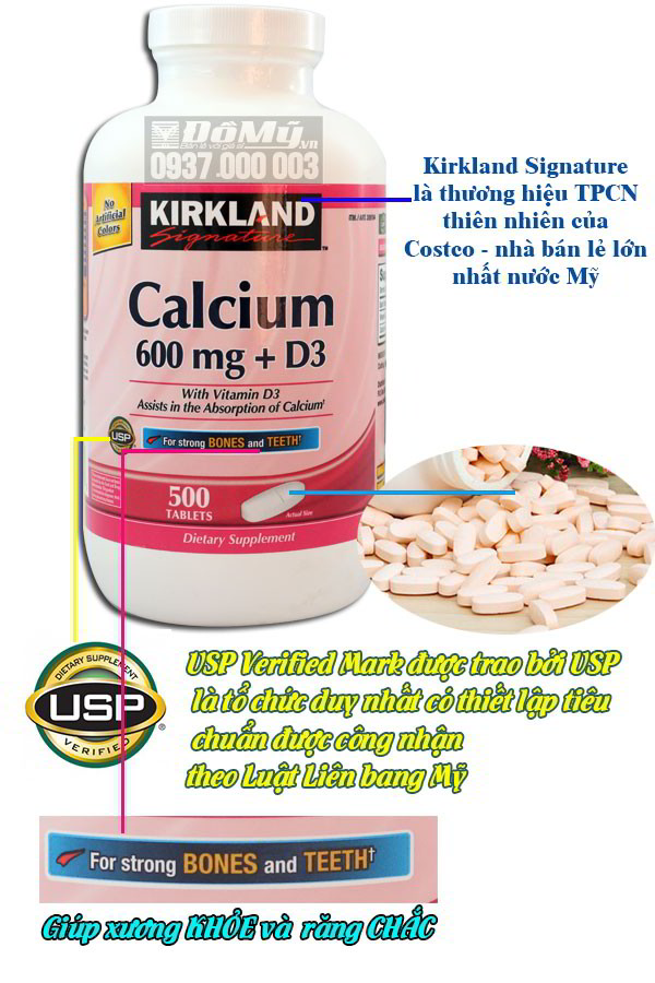 Thuốc Bổ Sung Canxi Kirkland Calcium 600mg + D3. Hộp 500viên Mỹ thật hữu dụng 
