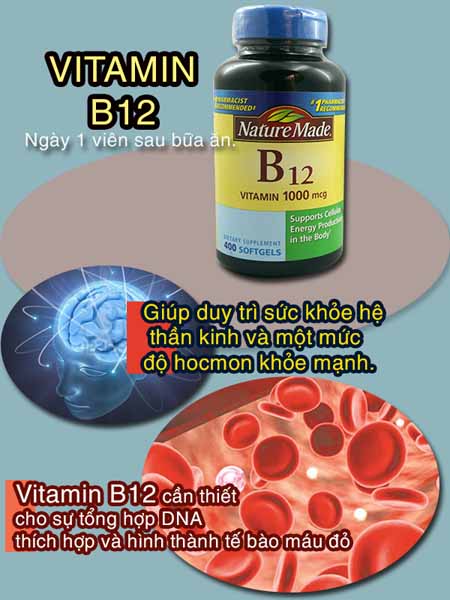 Vitamin Nature Made B12 (1,000 mcg) 400 viên b12 mô tả công dụng