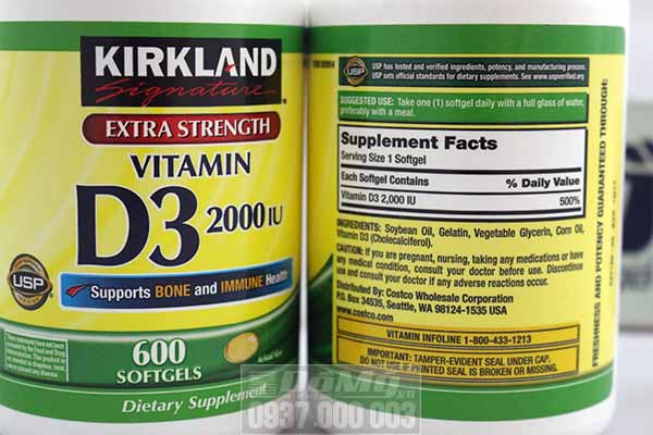 Vitamin D3 hỗ trợ phát triển xương, 2000 IU (Kirkland) - 600 viên 4